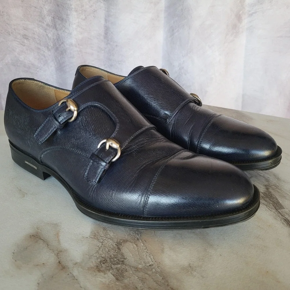 Gucci Monk Strap Shoes Mens US Size 11 Blue Leather Double Buckle Dress 322478
